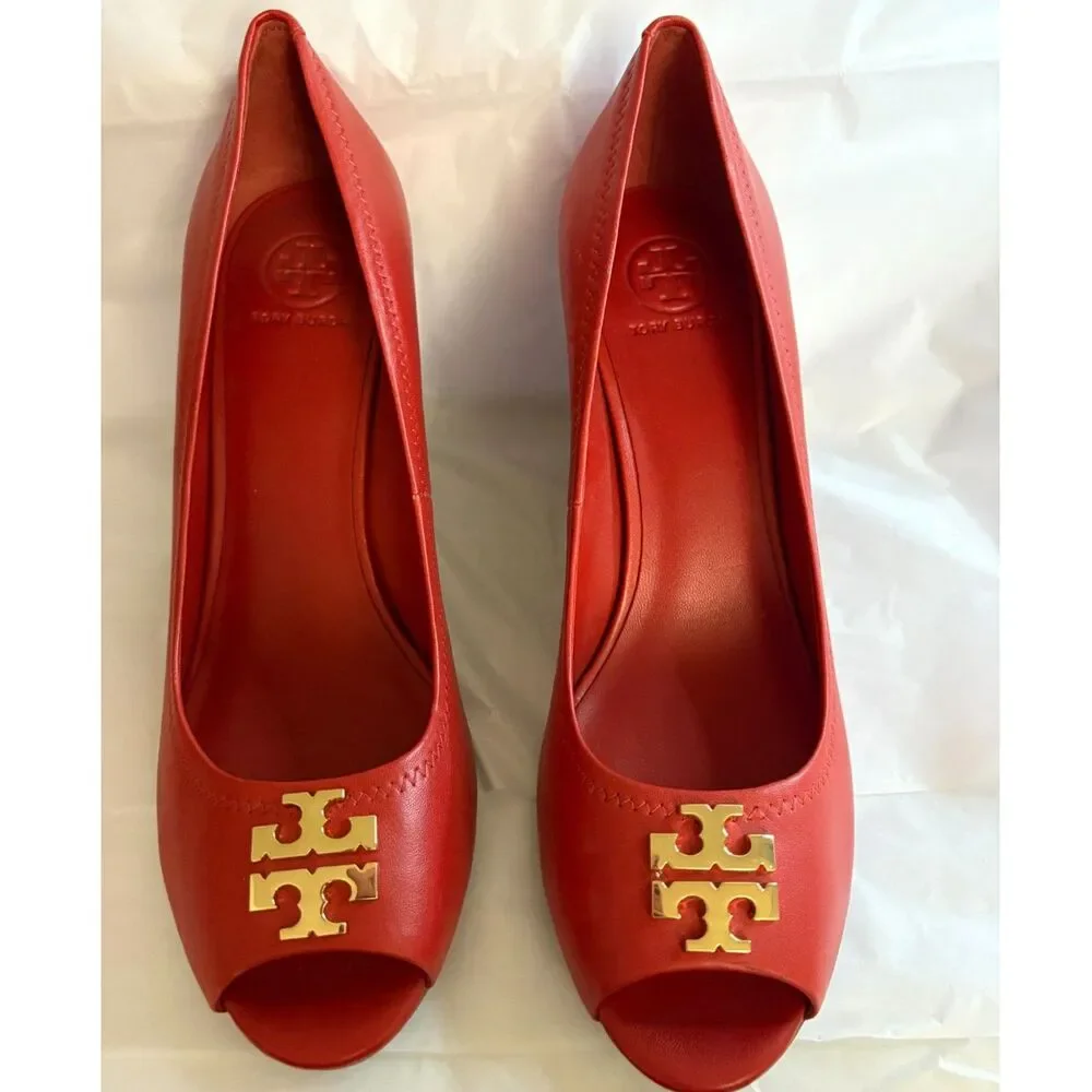 Women's Tory Burch Scarlett Red Leather Wedge Pumps Size 8.5
